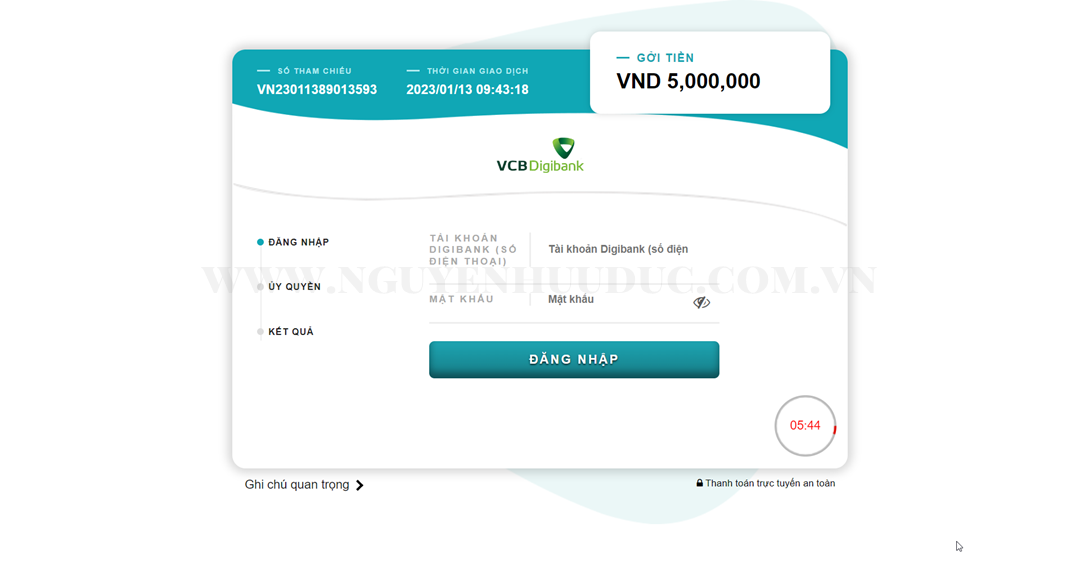 Cửa sổ thực hiện đăng nhập nạp tiền lên sàn Exness thông qua ngân hàng Vietcombank