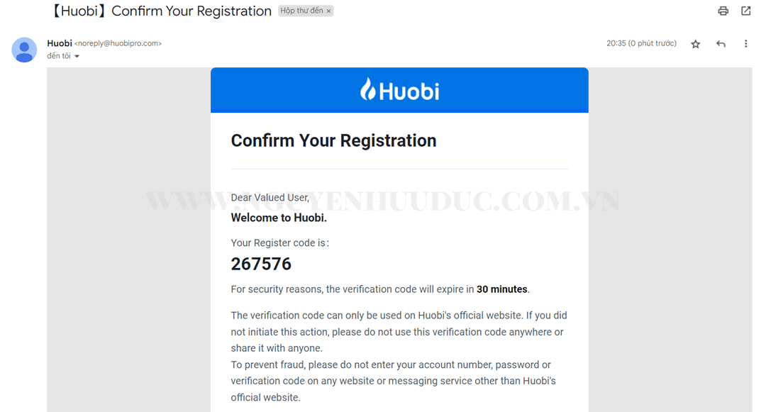 Houbi yêu cầu bạn nhập 6 số Verification Code được gửi đến gmail đăng ký